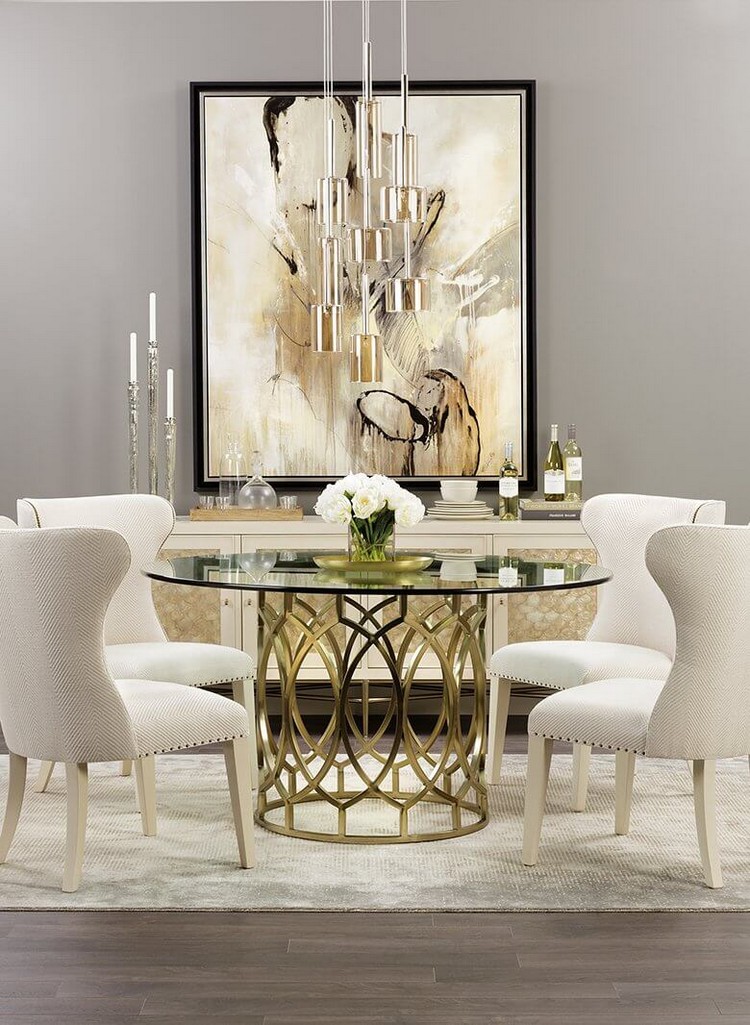 Round dining table in brass with white chairs home inspiration ideas