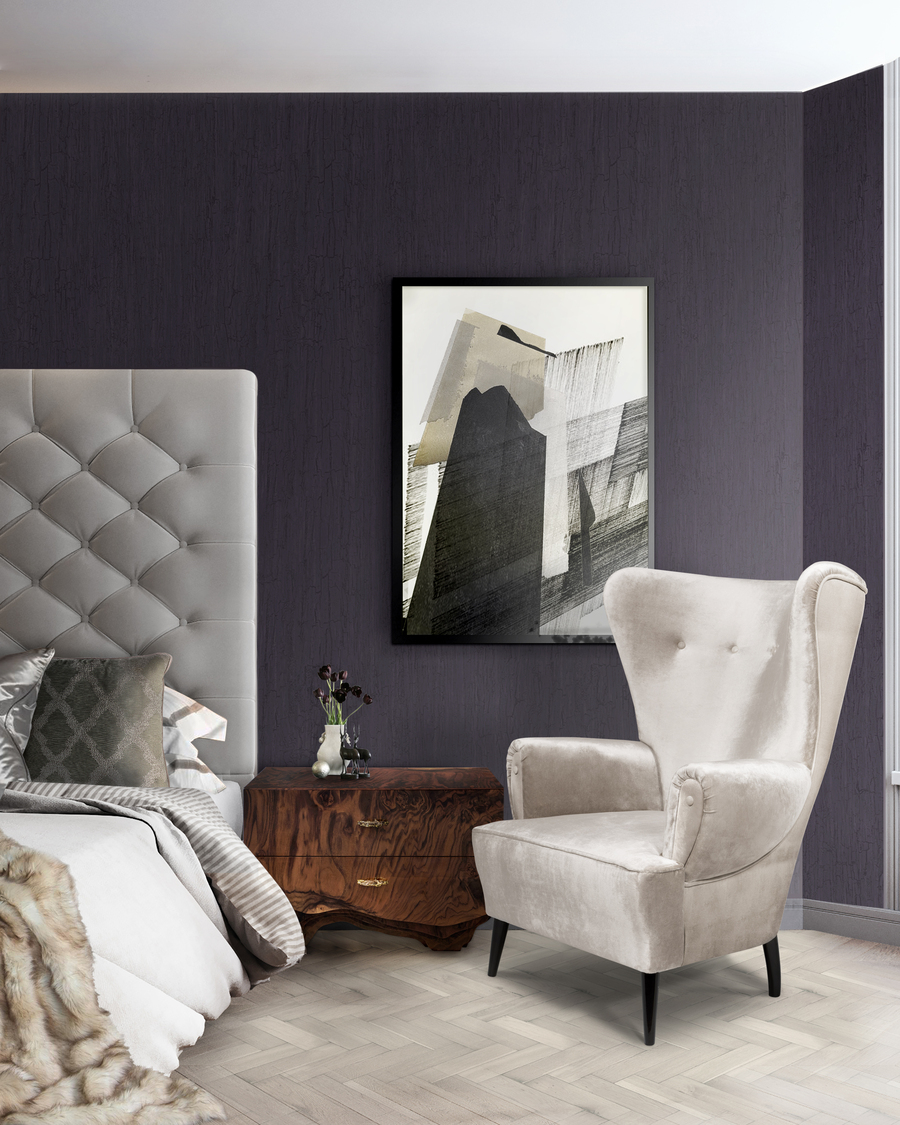 Master Bedroom Decor Ideas To Suit Every Style, modern interior with purple walls and white armchair home inspiration ideas