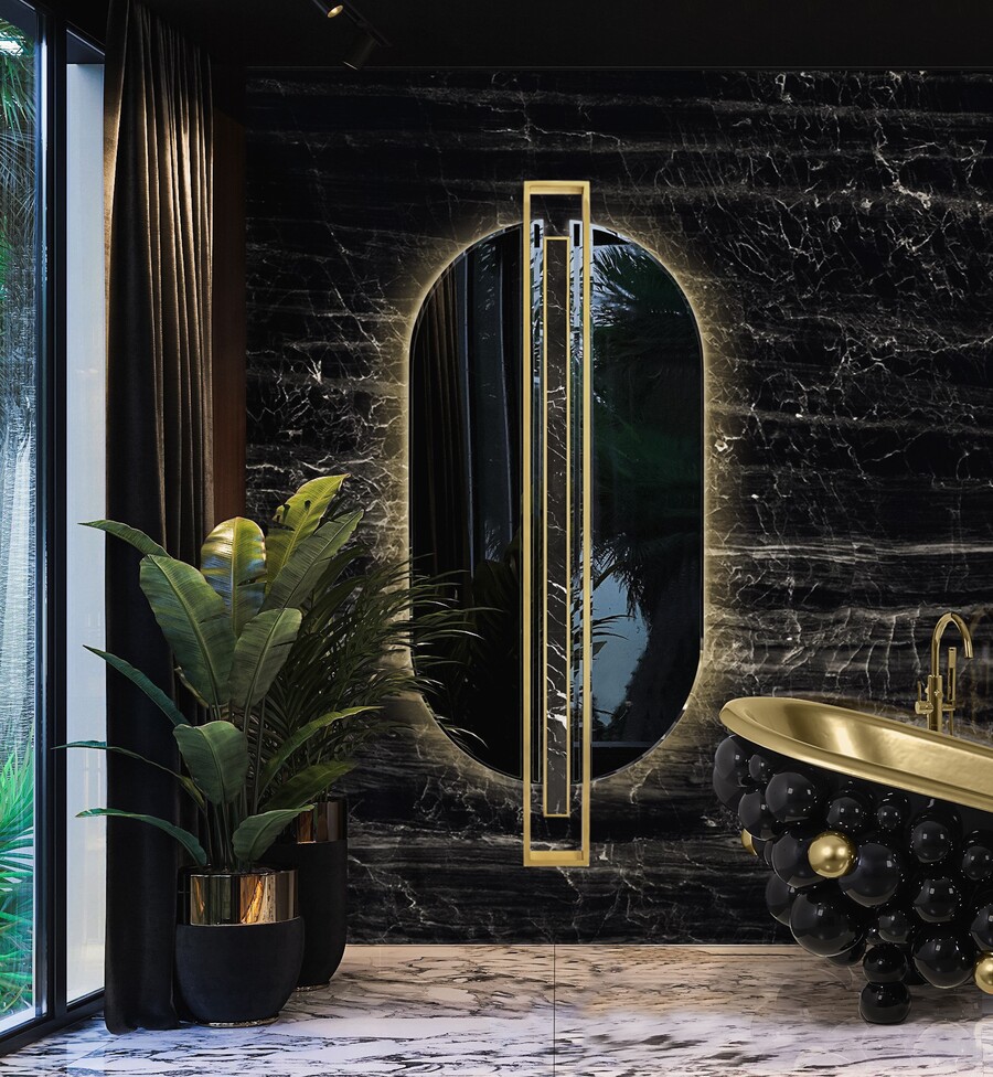 Stylish Gold Bathroom Ideas You'll Love, modern gold bathroom with black backdrop home inspiration ideas