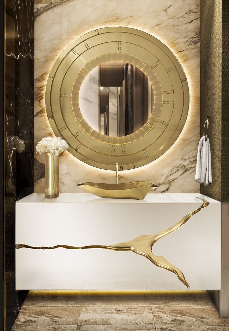 Stylish Gold Bathroom Ideas You'll Love, modern gold bathroom with neutral tones and marble home inspiration ideas
