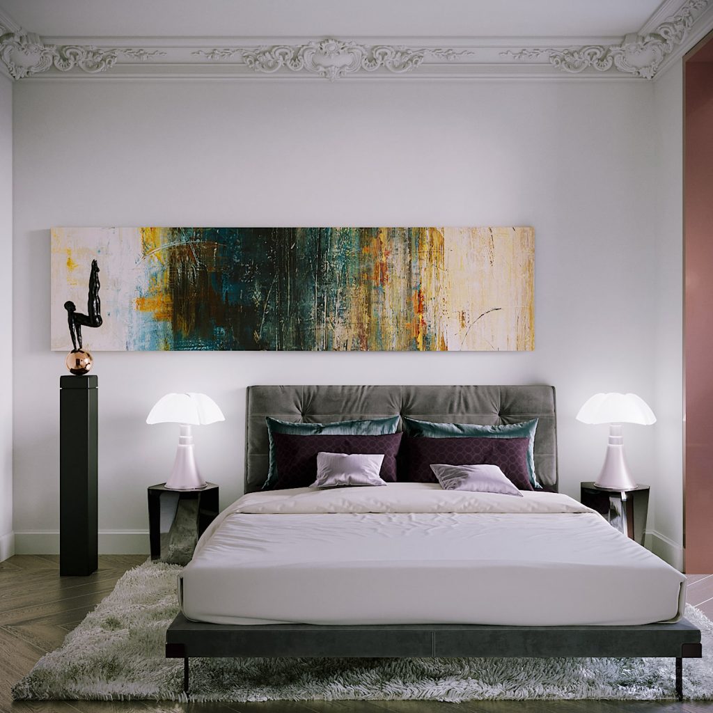 Unique Bedroom Decor: Contemporary Ideas To Dazzle, modern bedroom with painting as statement piece and grey tones home inspiration ideas
