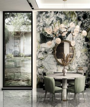 dining room interior with green and black tones and golden accents home inspiration ideas