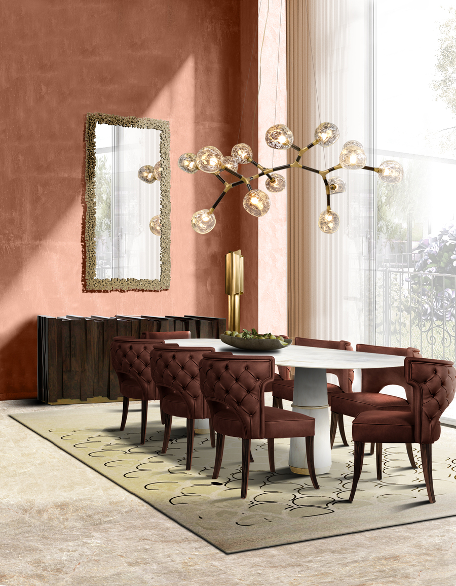 Dining room with red leather dining chairs and white marble dining table home inspiration ideas