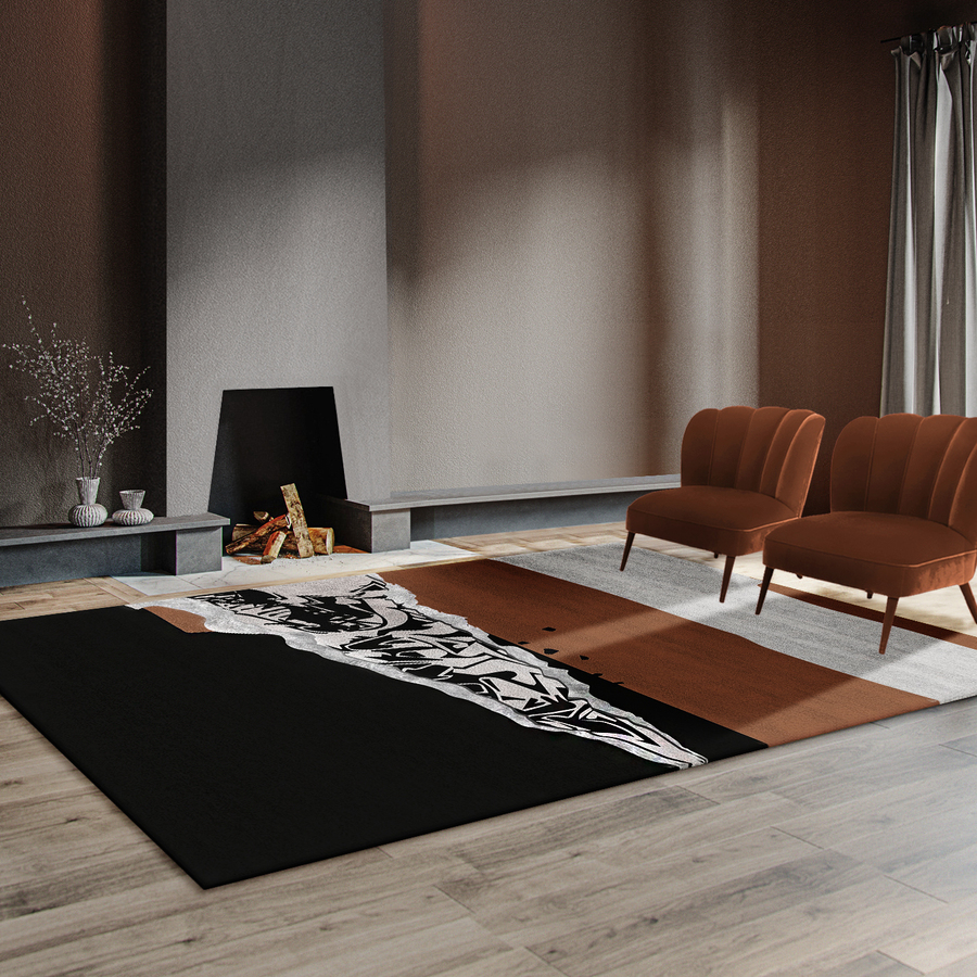 Living room with orange armchair and geometric rug