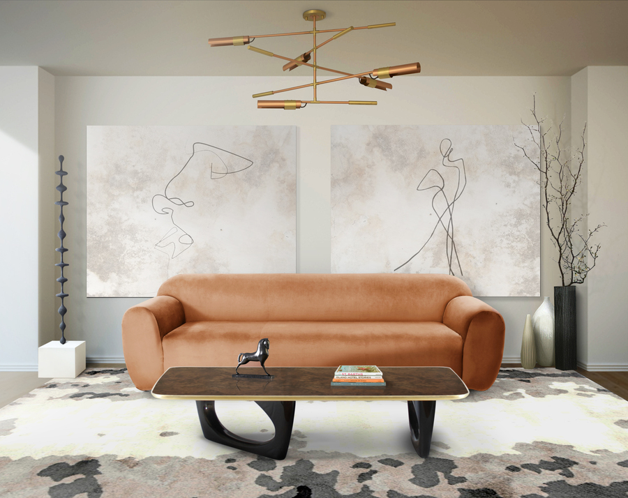 living room in white tones and orange velvet sofa