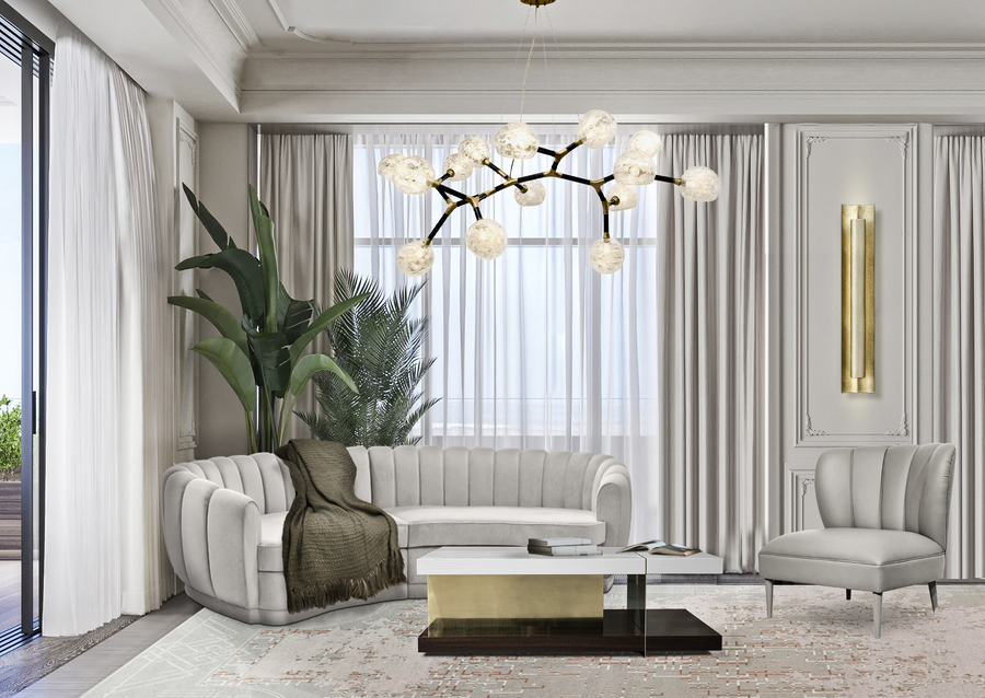 Living room decor in white with velvet white sofa