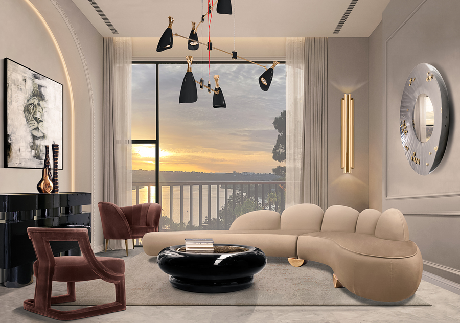 neutral living room with velvet beige sofa and red armchairs