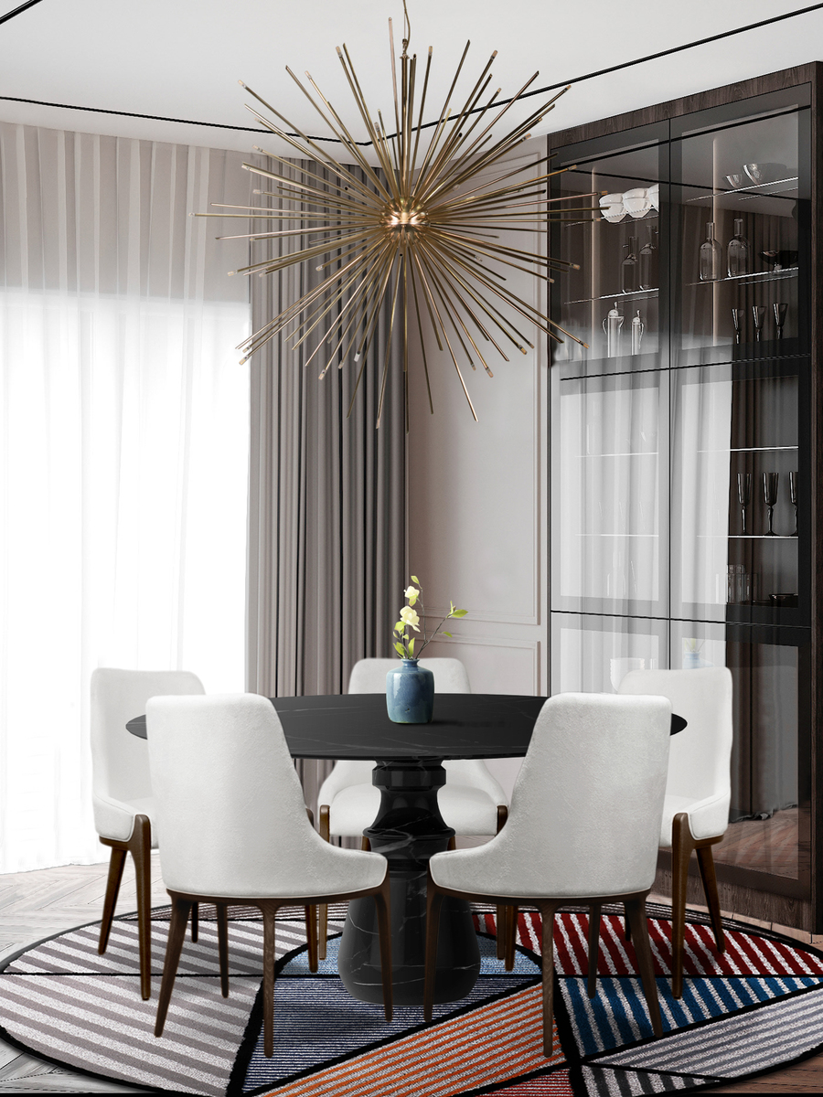 Monochromatic dining room with white dining chairs and colorful rug home inspiration ideas