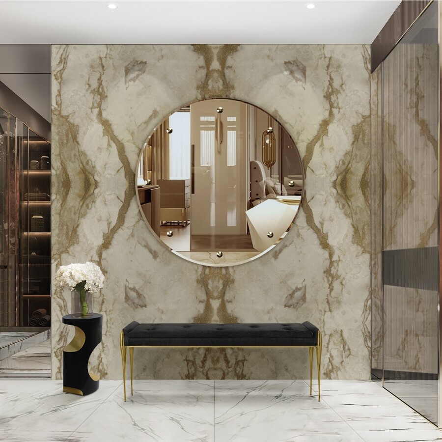 Neutral closet design with marbled wall and sleek stool with golden legs home inspiration ideas
