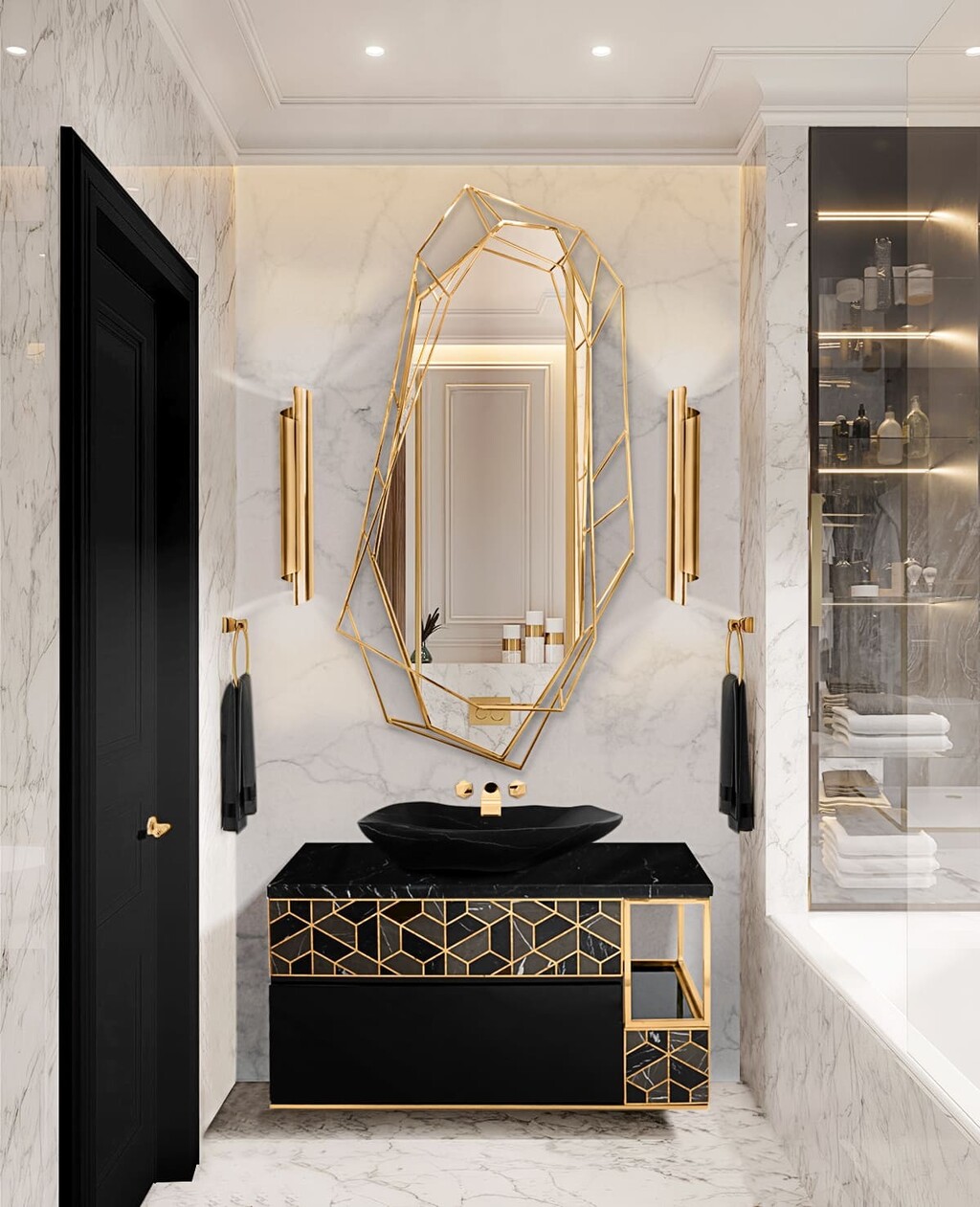 White bathroom with golden mirror and black suspension cabinet home inspiration ideas