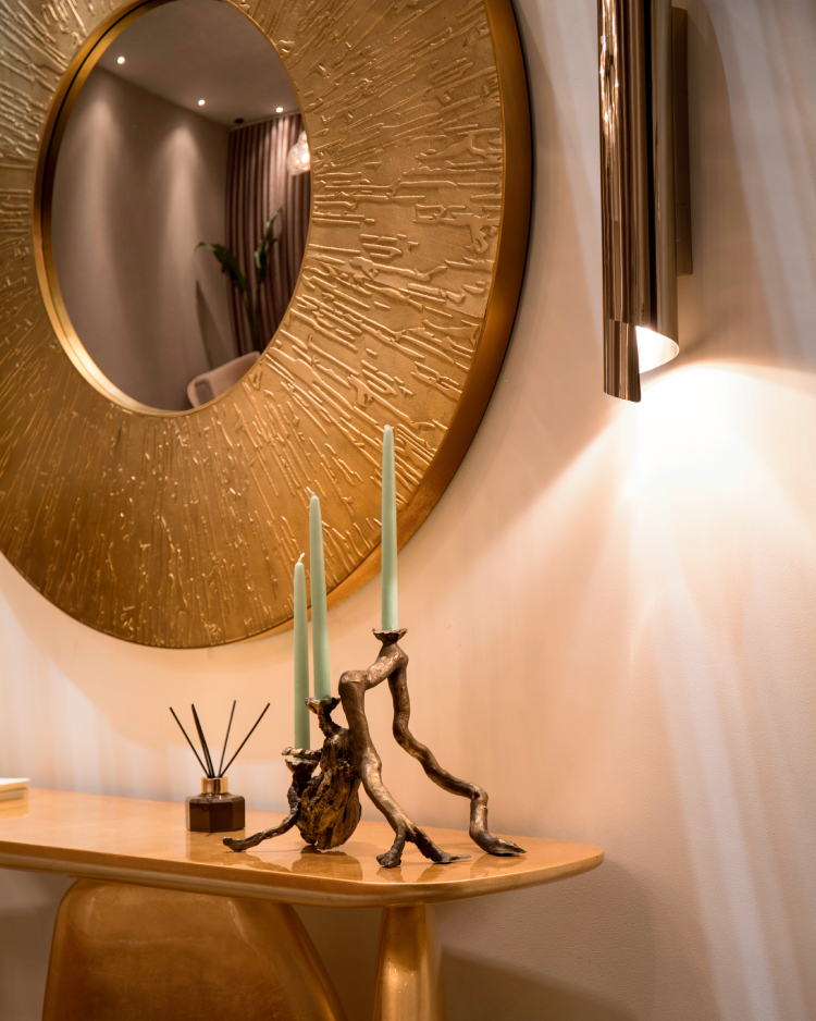 Modern Interior Design with golden accents, in a hallway decor with a beautiful light. home inspiration ideas