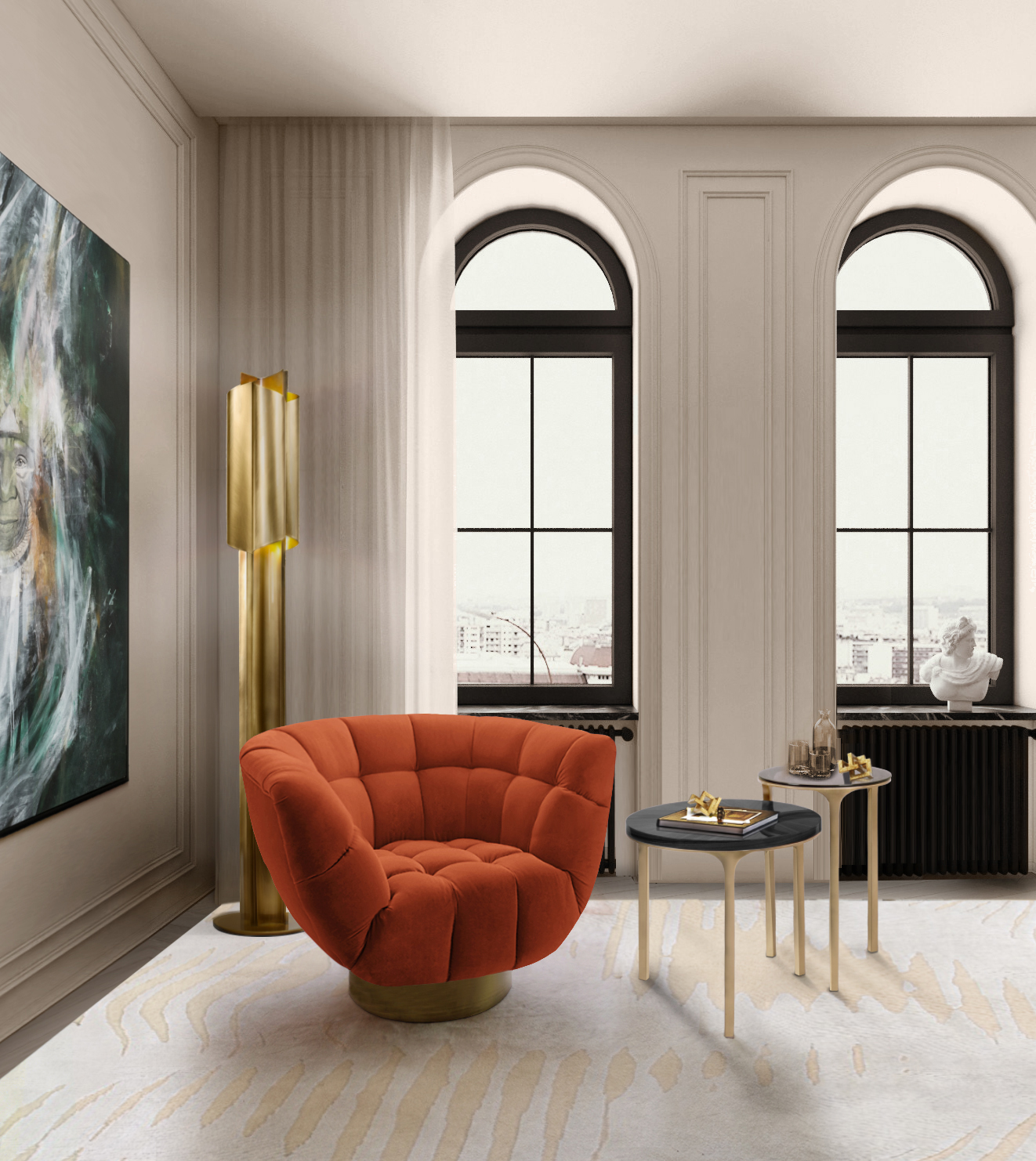 Modern reading room corner with orange essex armchair.  Modern Armchairs For A Stylish And Refined Home  home inspiration ideas