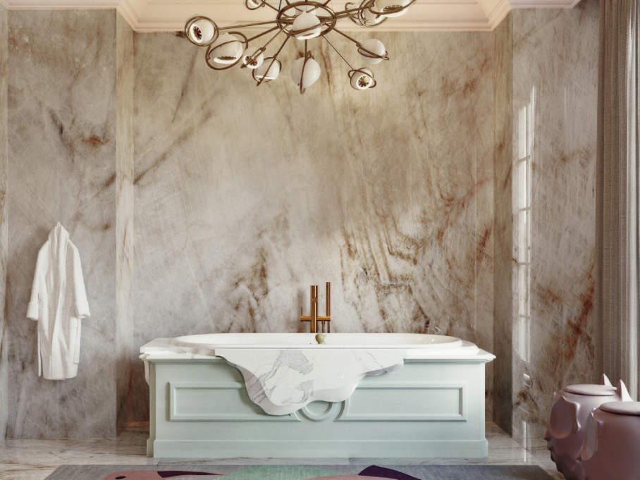 Modern Bathroom design with pastel colors, marble walls and the Petra Bathtub - Bathroom Furniture For A Luxurious Oasis home inspiration ideas