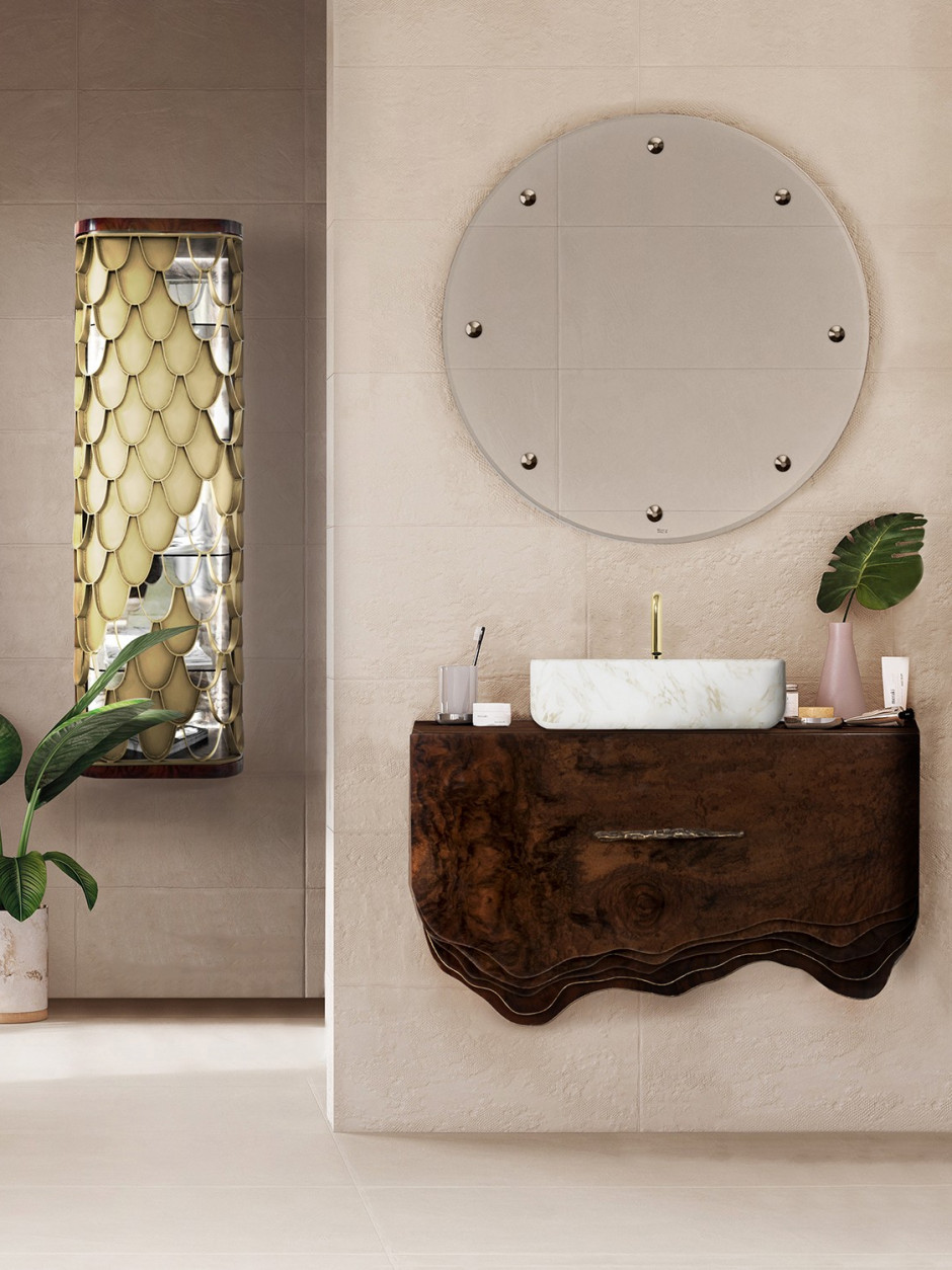Modern Bathroom design with brass and wood details featuring the Huang Wall Mounted Bathroom - Bathroom Furniture For A Luxurious Oasis home inspiration ideas