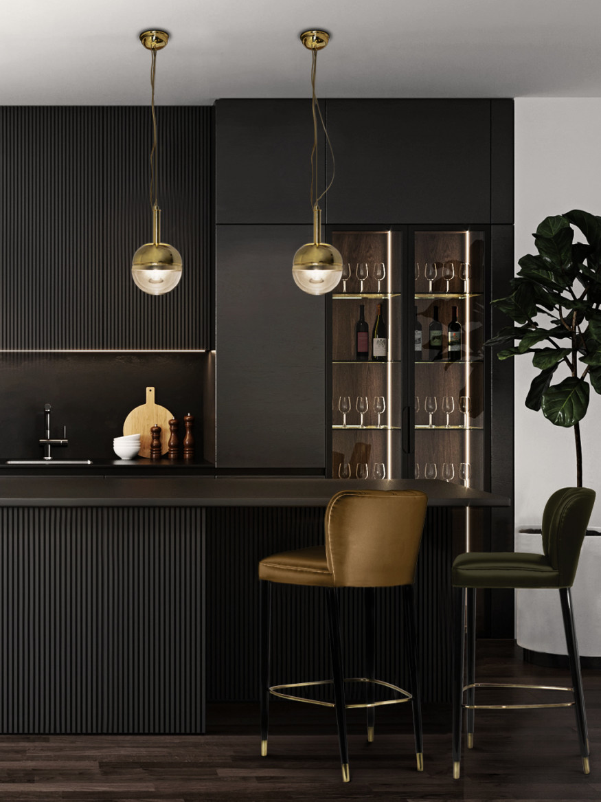 Contemporary bar design with dark tones and gold details featuring the Dalyan Bar Chair home inspiration ideas