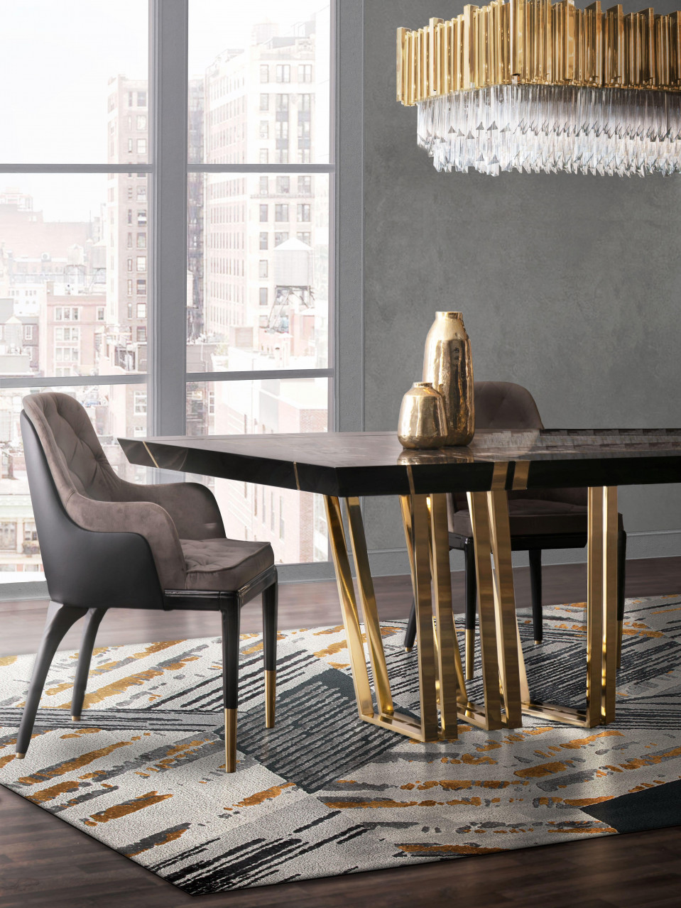 Modern Dining room design with gold details and the Xisto Rug home inspiration ideas