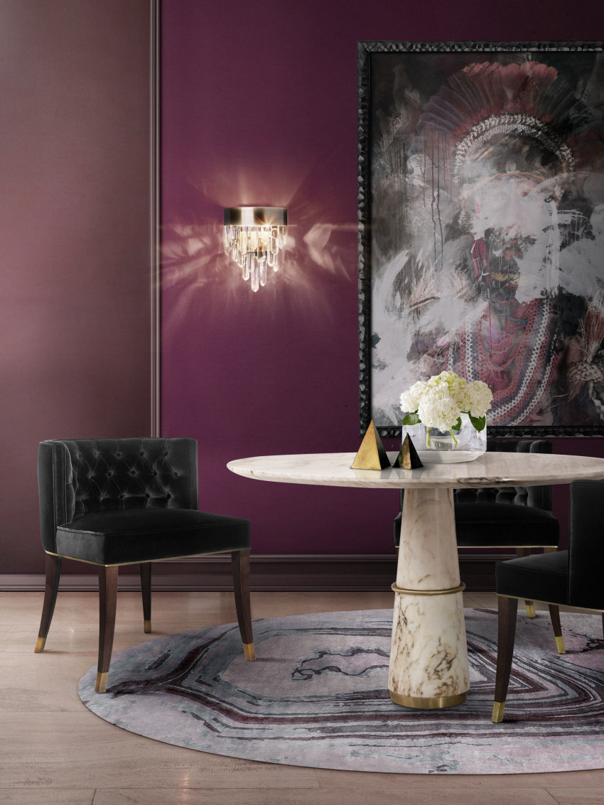 Modern ding room design with puple colr scheme and the white marble Agra Dining Table home inspiration ideas