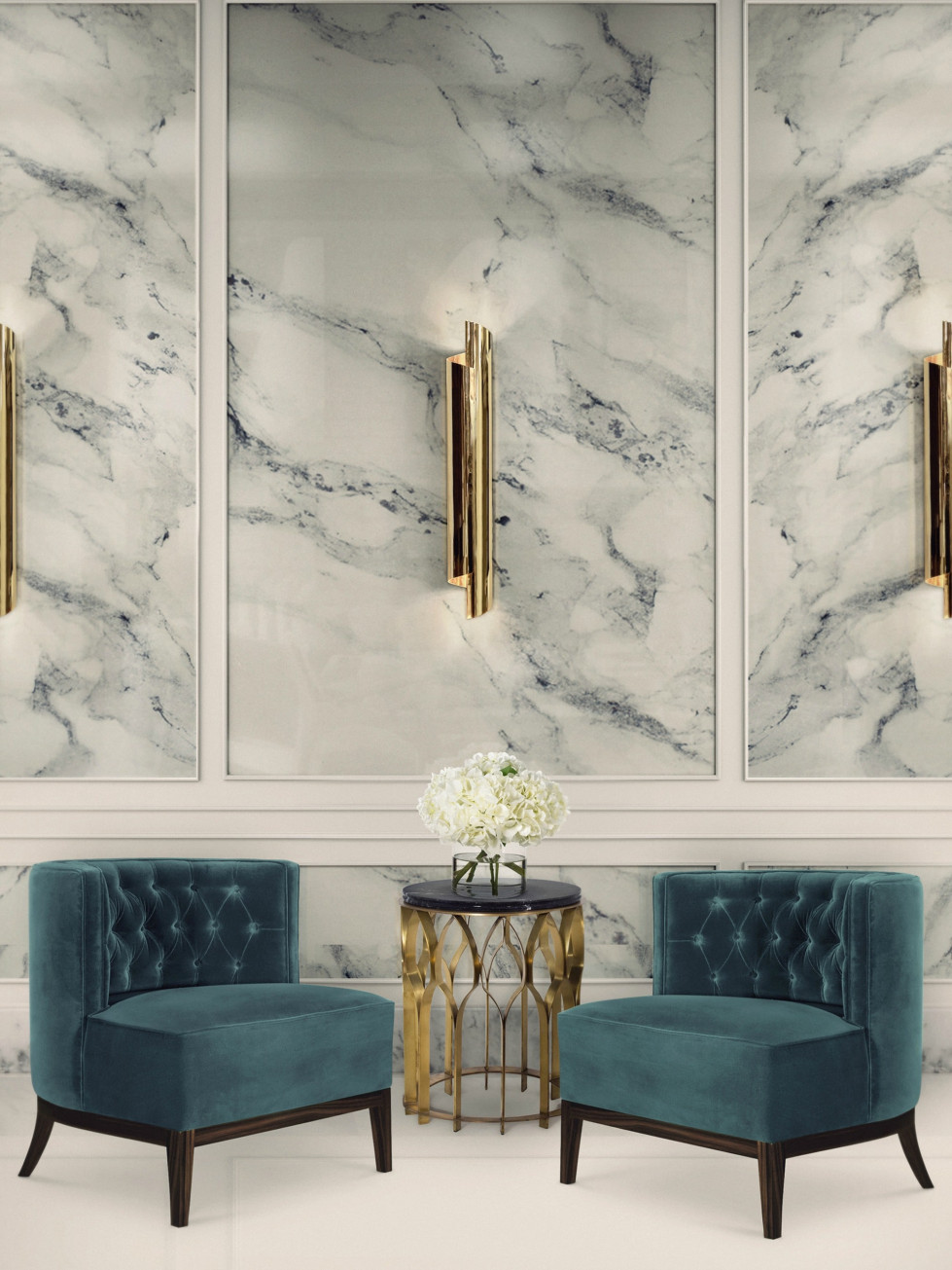 Modern Bar Design with Marble walls and blue Bourbon Armchair home inspiration ideas