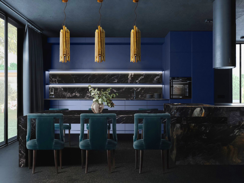 Modern blue-toned kitchen design with  blue chairs and the Saki pendant light - Colorful Kitchen Design Ideas For Modern Decor home inspiration ideas