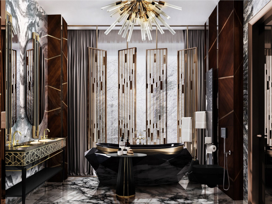 Modern Bathroom design with dark tones, golden hues and the black Diamond Bathtub - Outstanding Bathroom Design Ideas To Inspire You home inspiration ideas