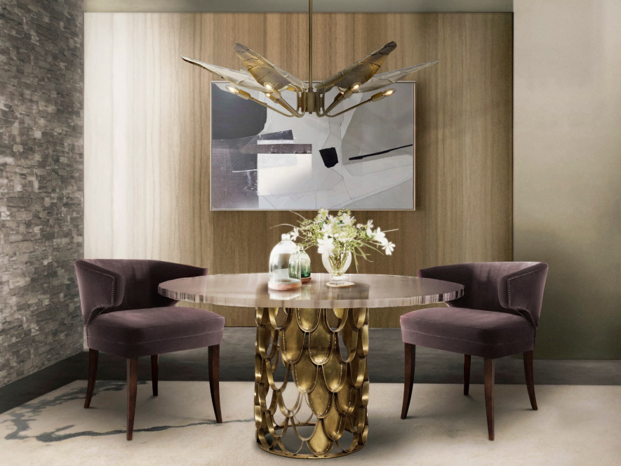 Modern dining area with golden base Koi Dining Table. home inspiration ideas