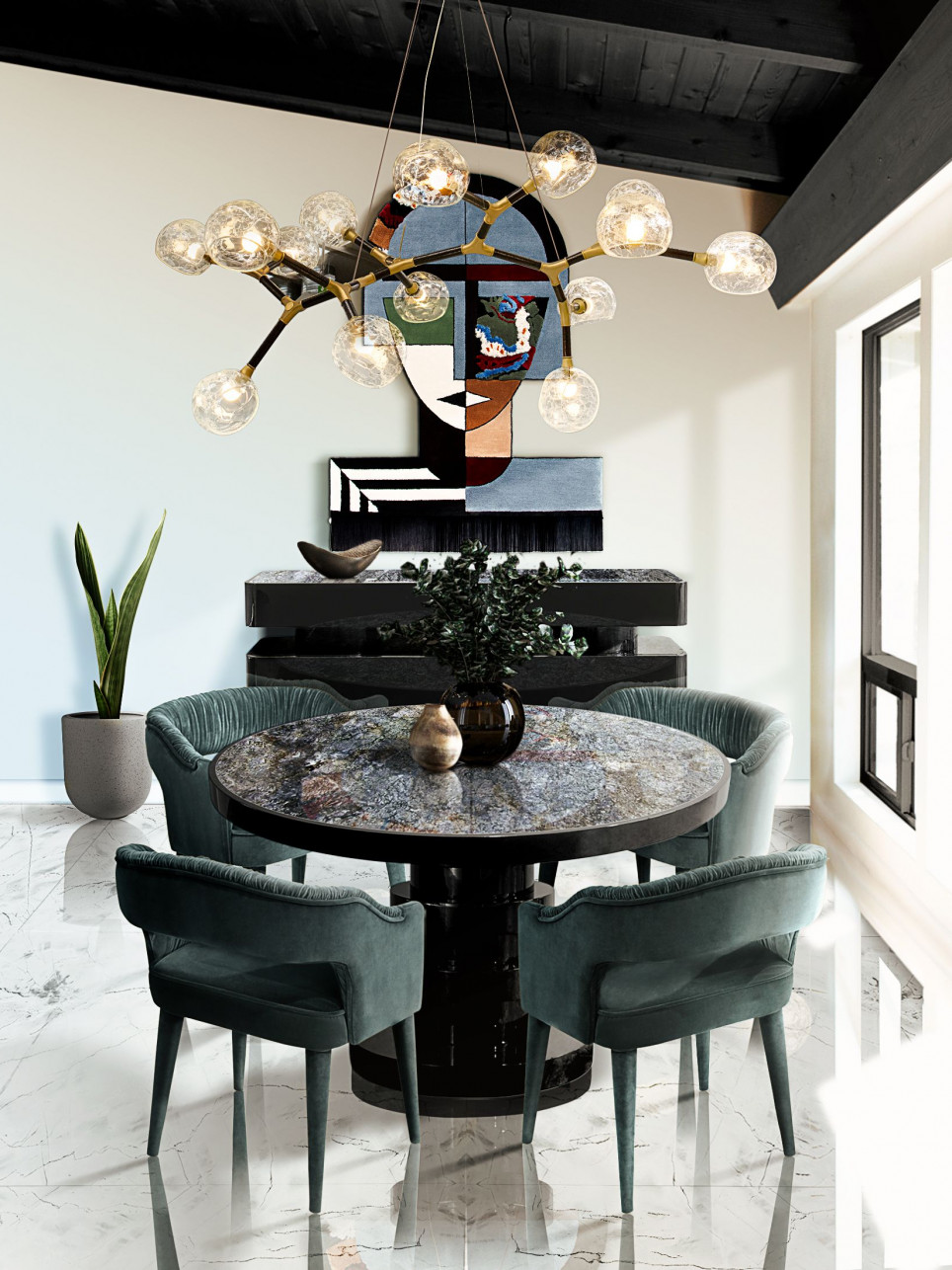 Modern dining room design with unique patterns and textures and the Shinto Round Dining Table home inspiration ideas