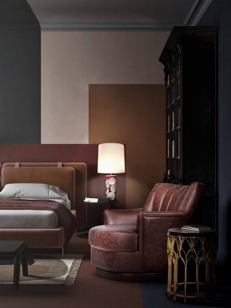 Modern bedroom design with earth tones and the brown leather Plum Single Sofa home inspiration ideas