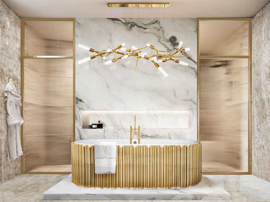 bathroom design with marble and gold accents featuring the Symphony Bathtub home inspiration ideas