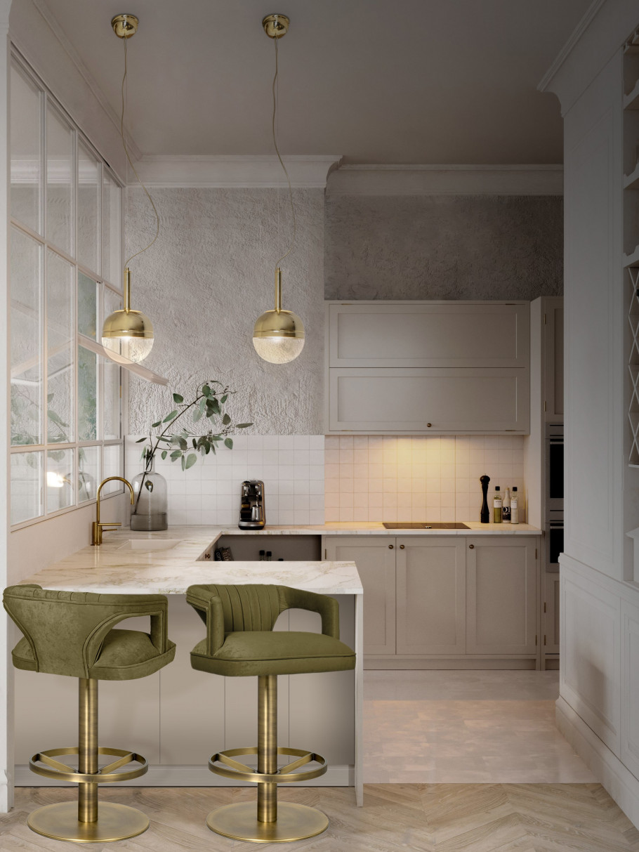 Modern kitchen design with neutral tones and olive green velvet Karoo swivel counter stool home inspiration ideas