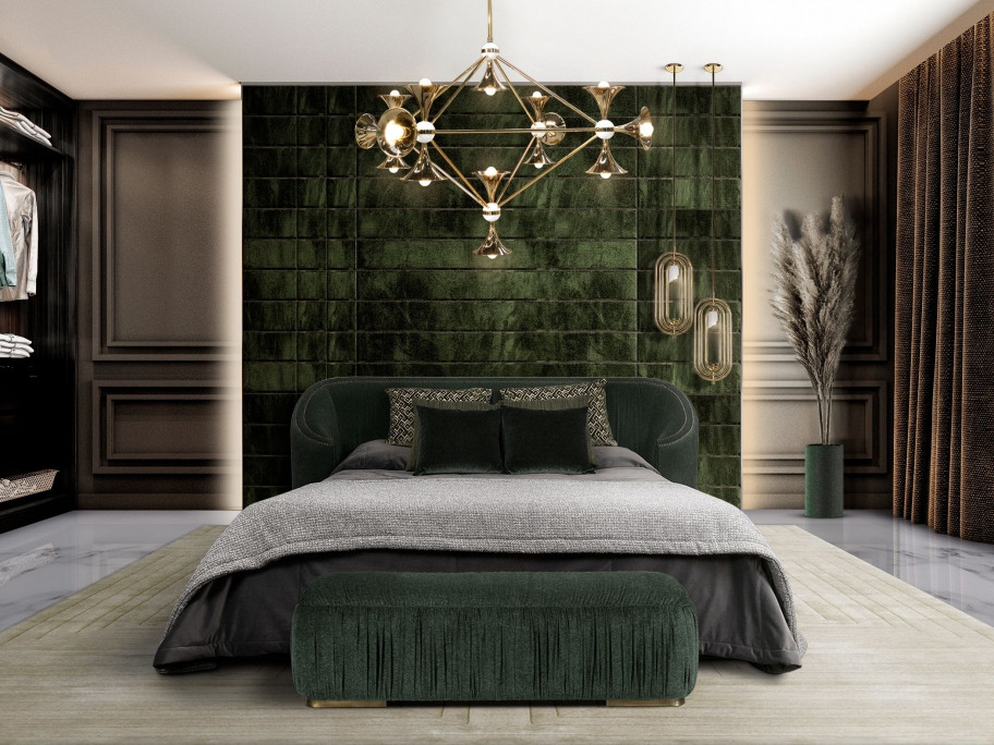 Modern bathroom design with green tones, gold accents and the Wales bed home inspiration ideas