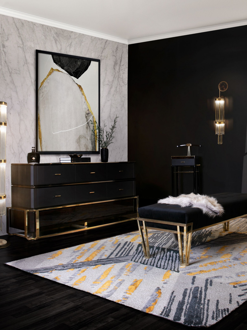 Modern bedroom decor with dark tones, gold accents and Xisto rug. home inspiration ideas