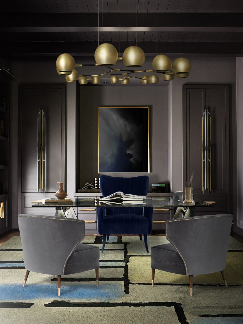 Modern office design with grey and blue tones with the gold Horus Suspension Light home inspiration ideas