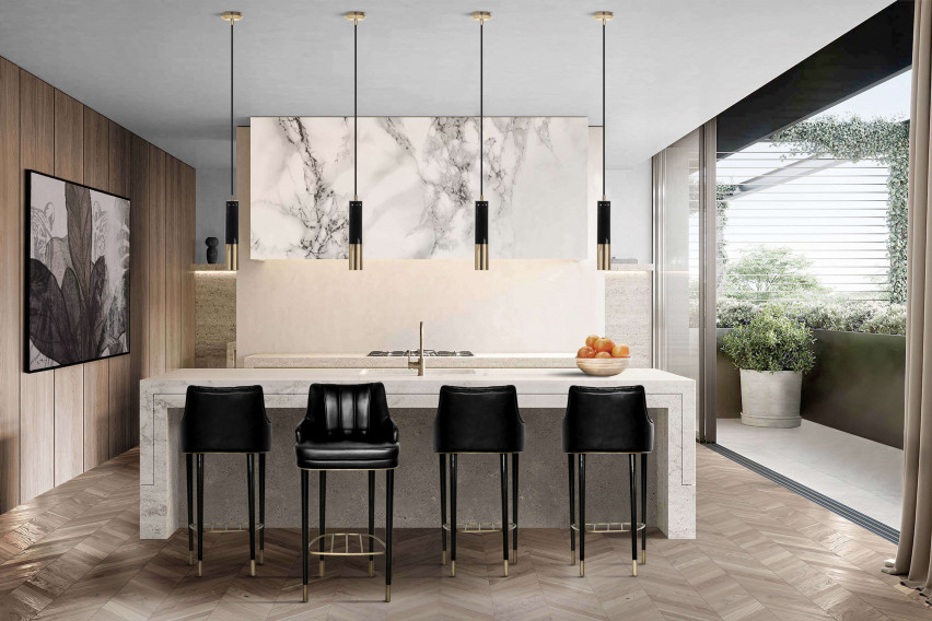 neutral-toned kitchen design with black leather counter stools home inspiration ideas