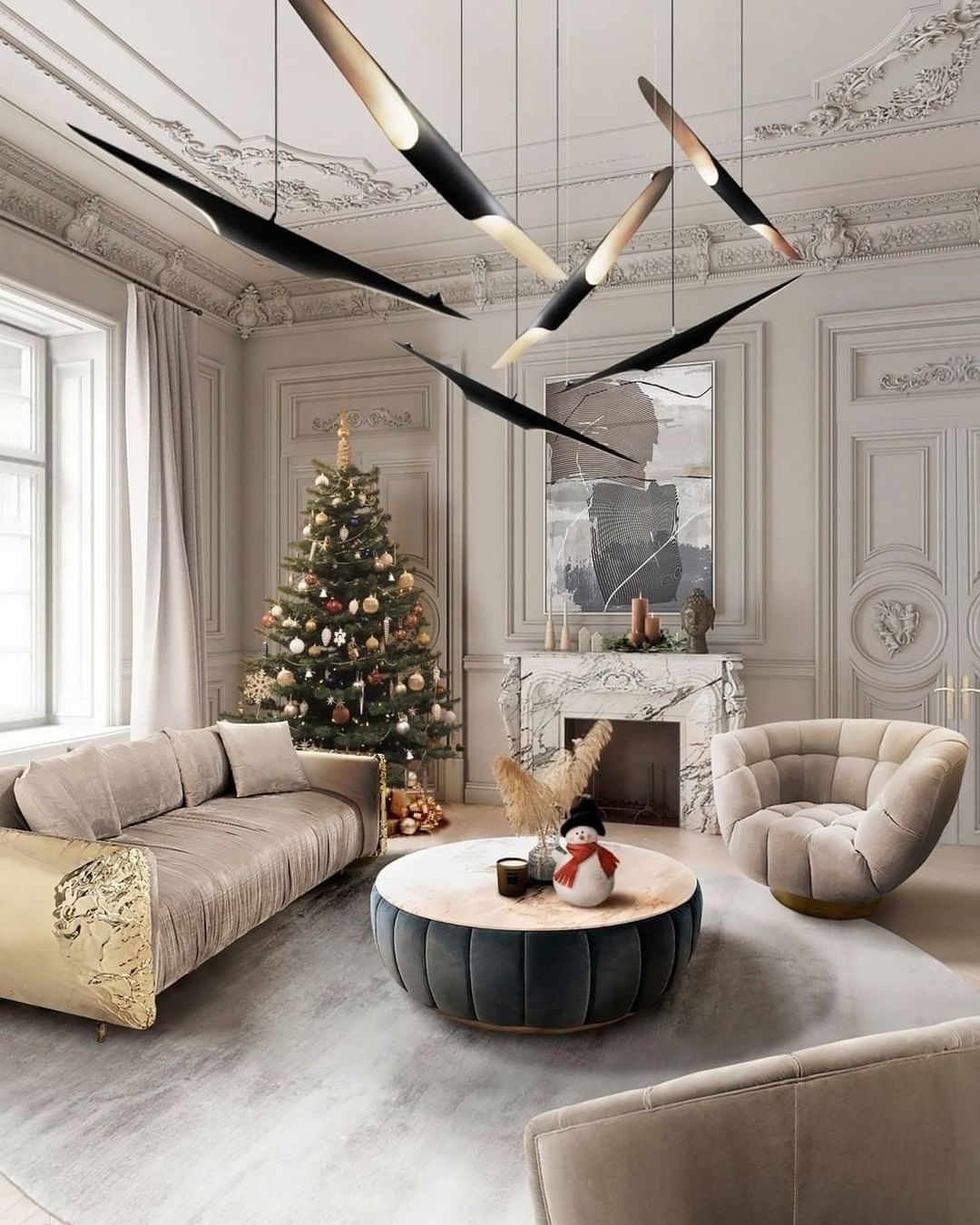 Christmas living room design with neutral colors and iconic armchair home inspiration ideas