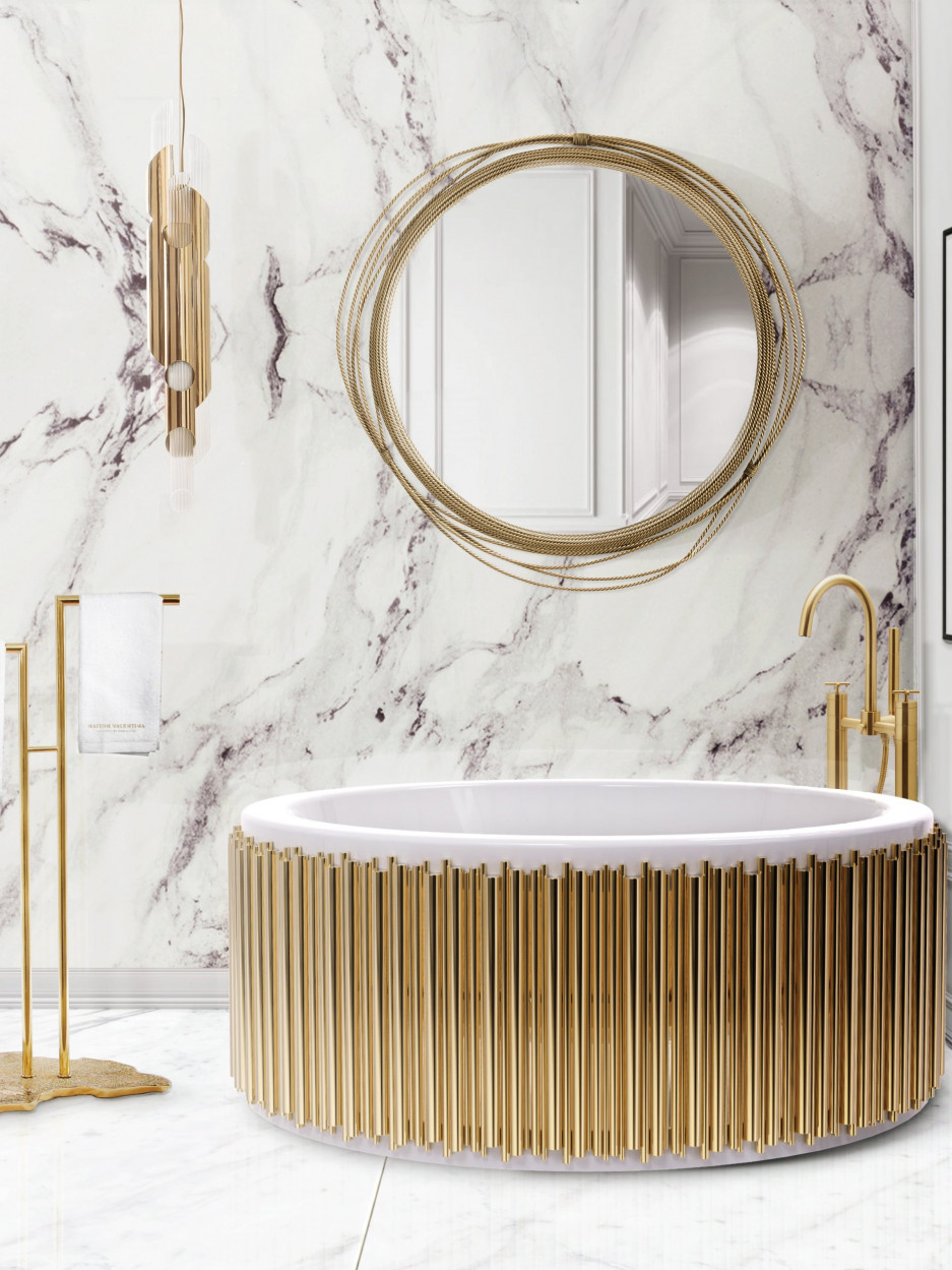 Modern Bathroom design with white marble walls and gold bathtub home inspiration ideas