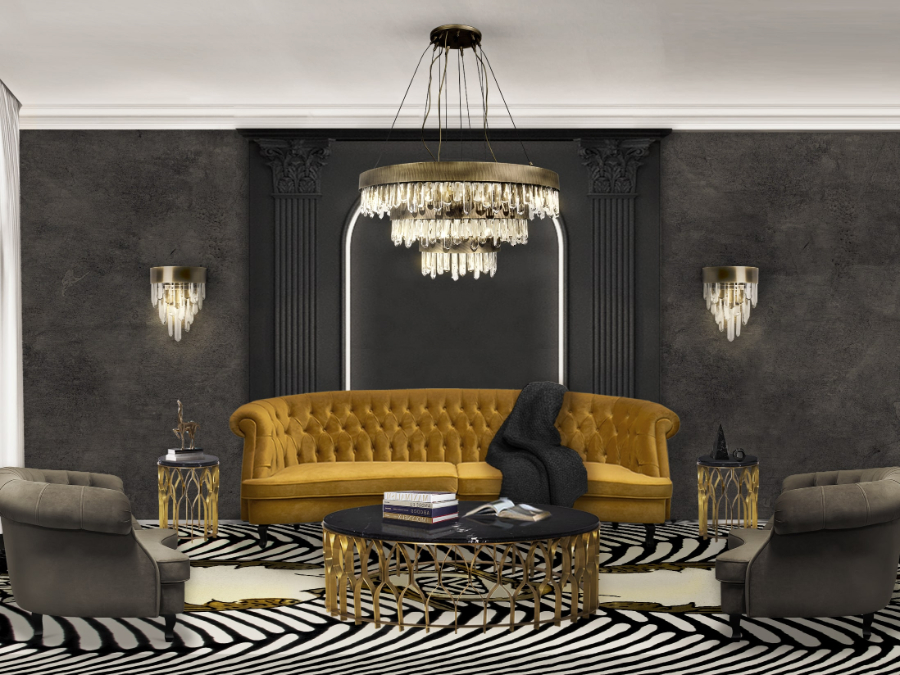 Luxury Living Room Ideas For Your Opulent Home. Dark Luxury Living Room With Golden Details. home inspiration ideas